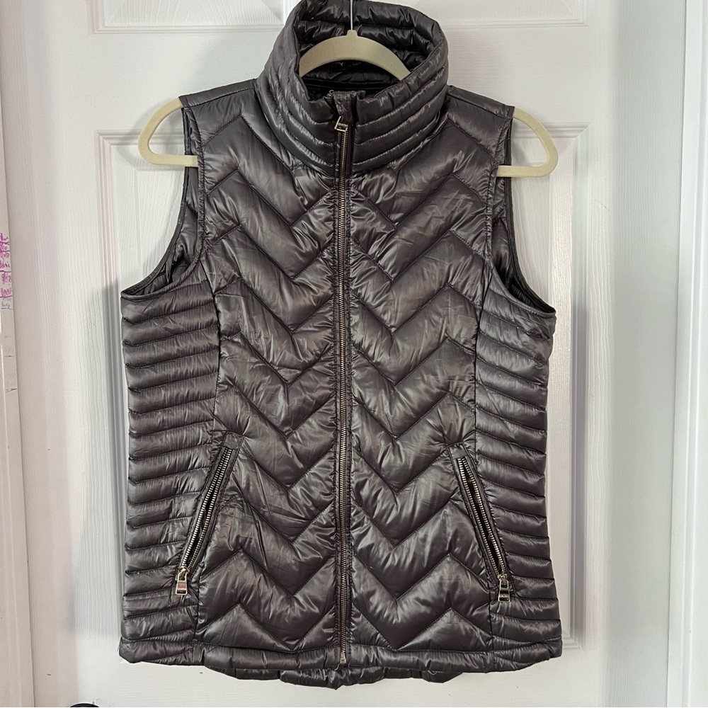 Calvin Klein Metallic Gray Chevron Puffer Vest